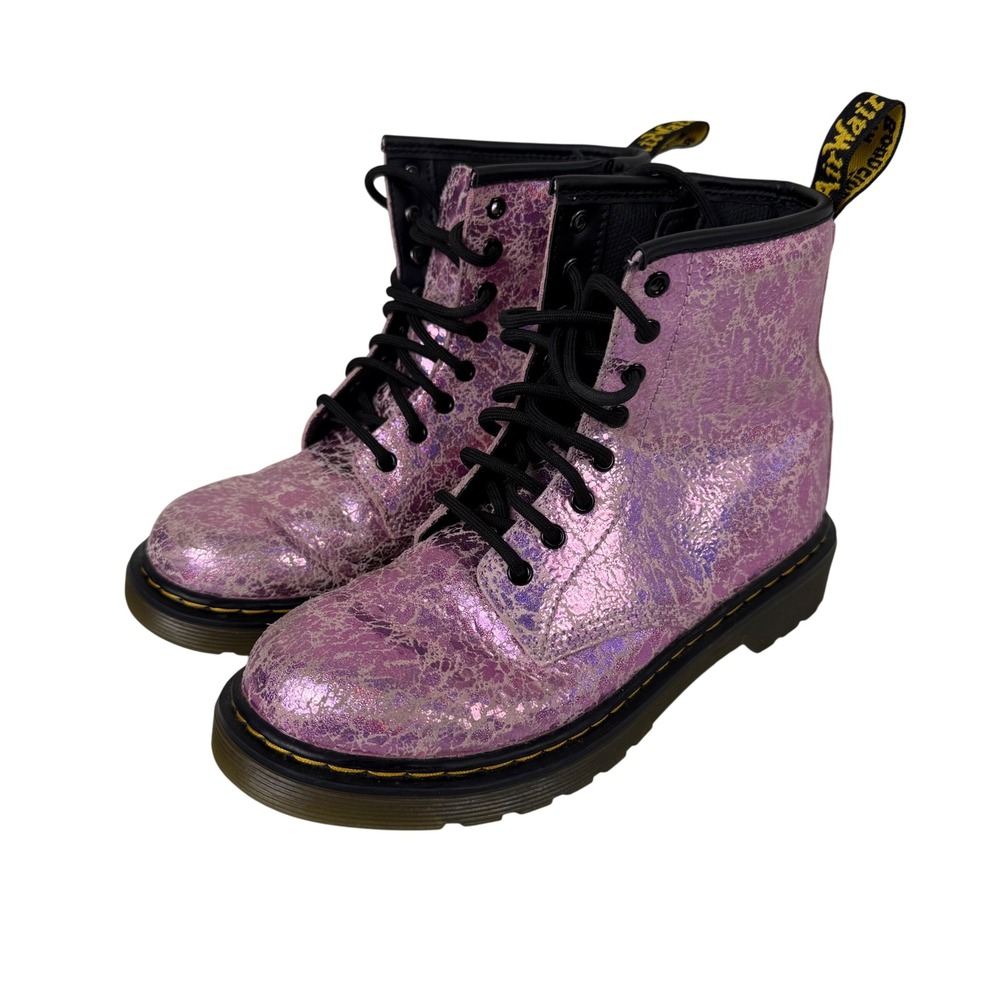 RARE Dr. Martens Boots Pink Shimmer Crackle Leather Lace Up Side Zip Size 3 Kids